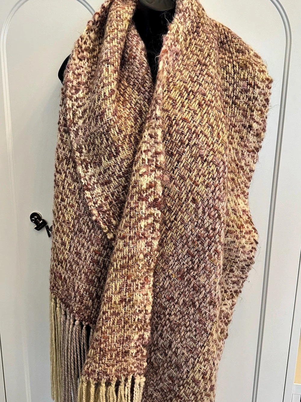 Handwoven Mauve Cream Wool Blend Long Fringe Scarf Boho Artisan Textured